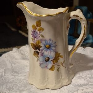 Vintage Floral Ceramic Pitcher with Gold Trim